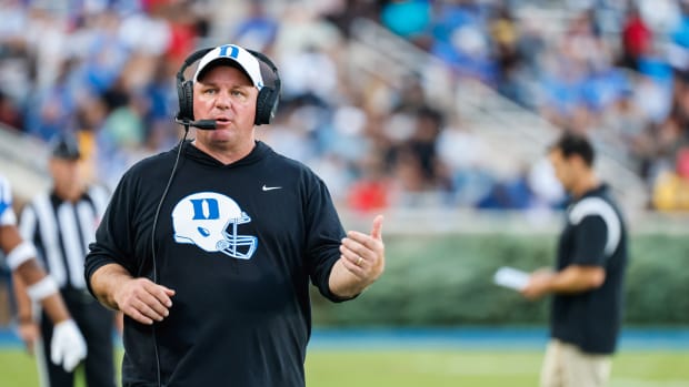 Sep 17, 2022; Durham, North Carolina, USA; Duke Blue Devils head coach Mike Elko reacts during first half against the North Carolina A&T Aggies at Wallace Wade Stadium. Mandatory Credit: Jaylynn Nash-USA TODAY Sports